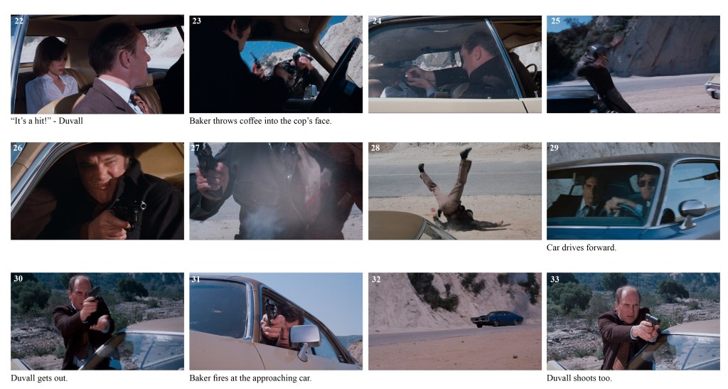 "It's a hit!" - Duvall in a car with a passenger.