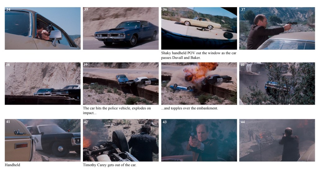 A close-up of a person aiming a handgun from inside a car.