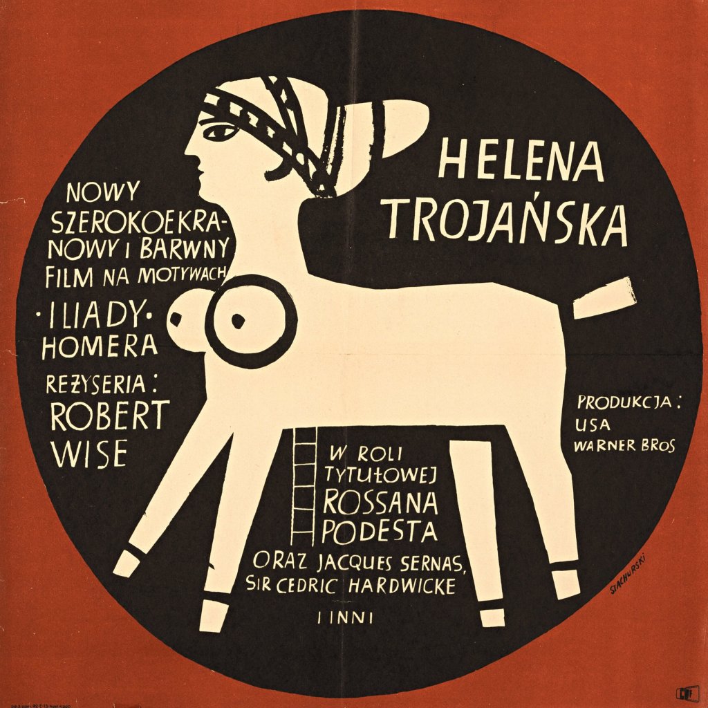 Poster for the film 'Helena Trojańska', featuring a stylized image of a woman with a headdress and a horse, with text in Polish detailing the film's production and cast.