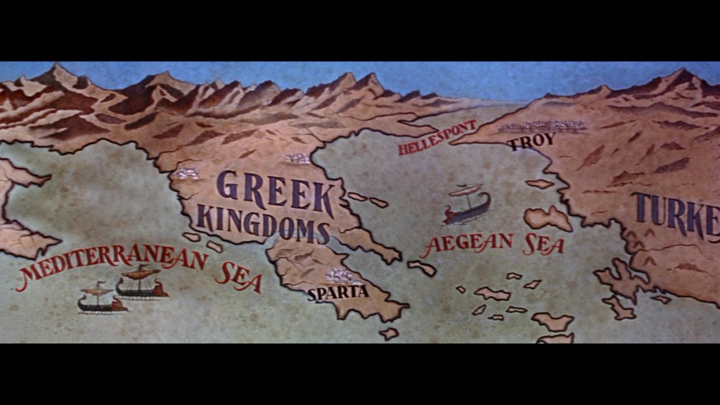 A vintage map illustrating the Greek Kingdoms, featuring labeled regions such as Mediterranean Sea, Aegean Sea, Hellespont, and Troy, with depictions of ships sailing on the water.