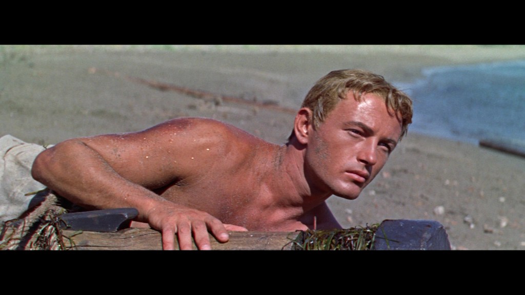 A muscular man lying on a beach, propped up on a piece of wood, with a focused expression. He has short blonde hair and is shirtless, showcasing his physique.