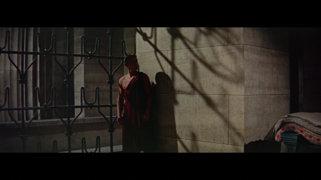 A man wearing a draped garment stands against a wall, with shadows cast on the surface, and a decorative iron railing in the background.