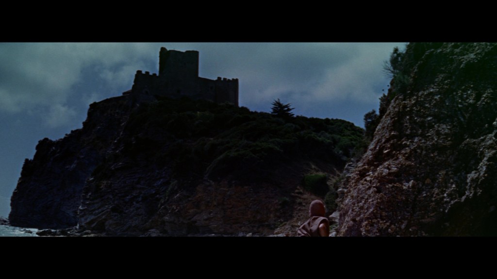 A figure stands on a rocky shoreline, gazing up at a castle perched on a cliff in the background, under a partly cloudy sky.