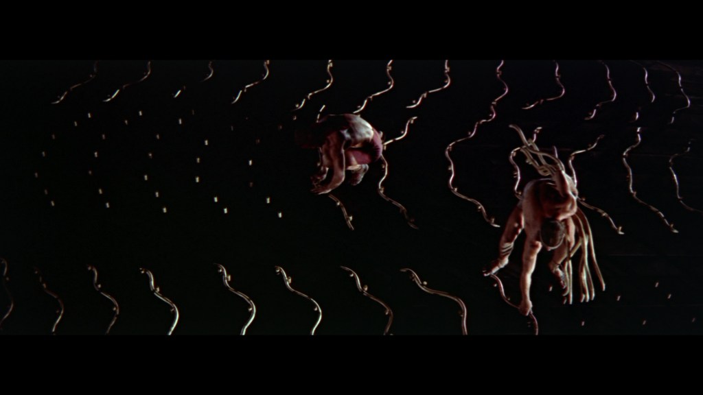 Two figures are suspended in a dark space, surrounded by wavy lines that resemble snakes, creating a surreal and abstract visual effect.
