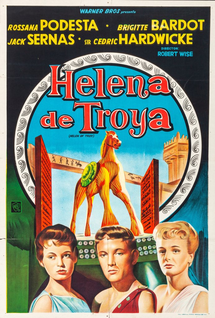 A vintage movie poster for 'Helena de Troya' featuring colorful illustrations of a Trojan horse, classical architecture, and three characters, with prominent actor names and the film's title displayed.