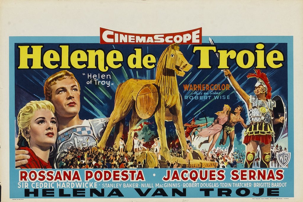Vintage movie poster for 'Helene de Troie' featuring a prominent image of the Trojan horse, with actors portraying characters in ancient Greek attire. The title, cast names, and production details are displayed in bold colors and stylized fonts.
