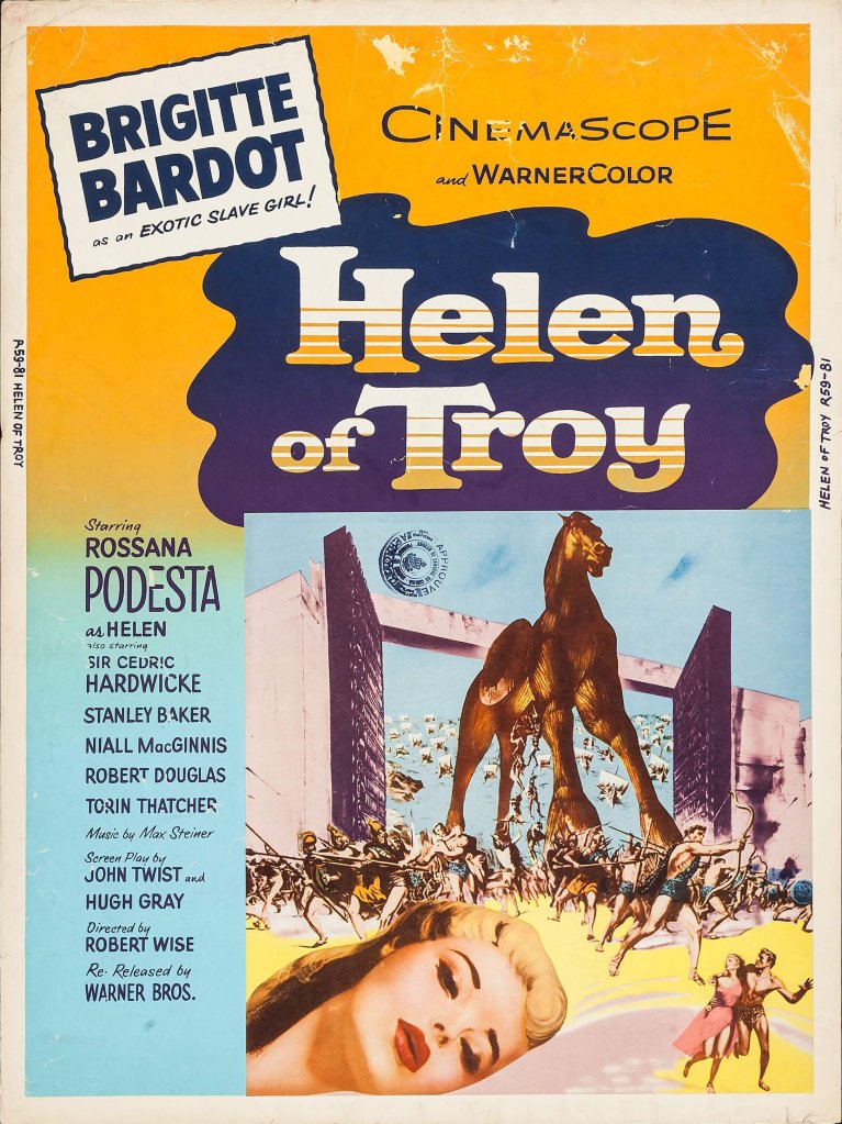 Vintage movie poster for 'Helen of Troy' featuring actress Brigitte Bardot, with imagery of a Trojan horse and scenes of battle.