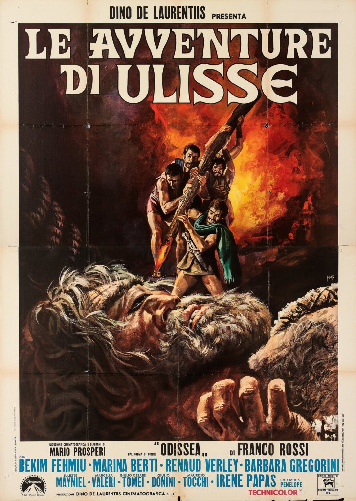 A vintage movie poster for 'Le Avventure di Ulisse' featuring dramatic artwork of characters in a mythological scene, with a large sleeping figure and a fiery background.