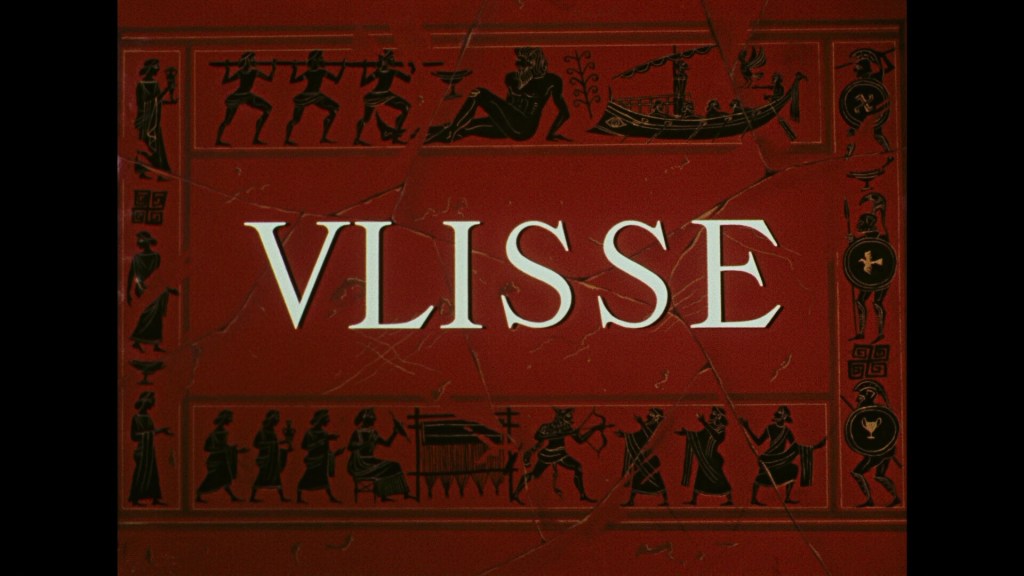 A red background featuring ancient Greek figures and symbols, with the word 'VLISSE' prominently displayed in large white letters.