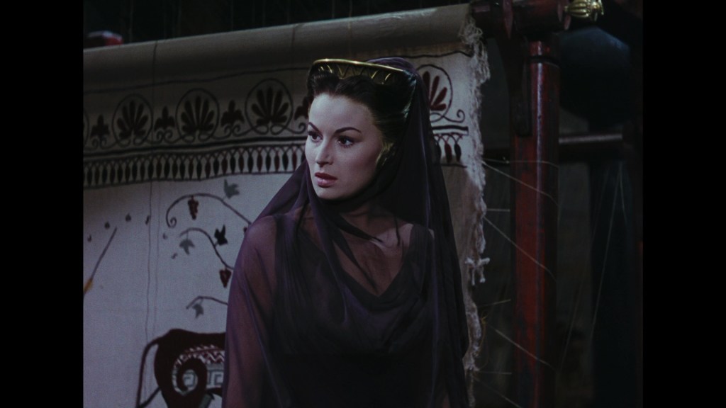 A woman dressed in a dark, semi-transparent veil and gown, looking pensively to the side. Behind her is a decorative tapestry with a floral design.