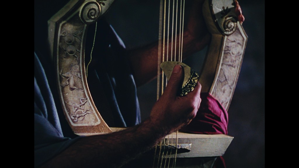 A close-up of a person's hands playing a beautifully crafted string instrument, likely a harp, with intricate designs on the wooden frame.