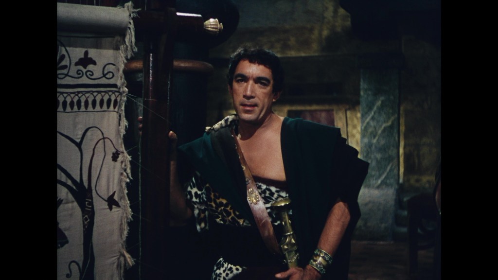 A man dressed in a traditional Roman costume, standing beside a decorative banner in an ancient setting.