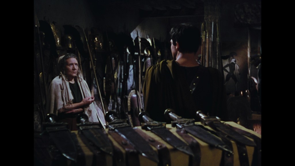 An elderly woman in a cloak sits in a room filled with ancient weapons and armor, looking thoughtfully at a young man who stands with his back to the viewer.