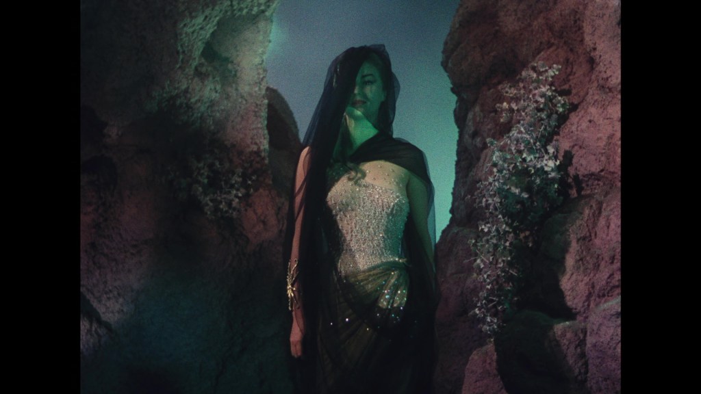 A woman in a shimmering, sequined outfit stands between rocky formations, wearing a dark veil and jewelry, with soft, atmospheric lighting.