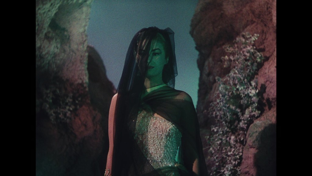 A woman with long dark hair stands between rocky formations, dressed in a shimmering outfit and a sheer veil, illuminated by green lighting.