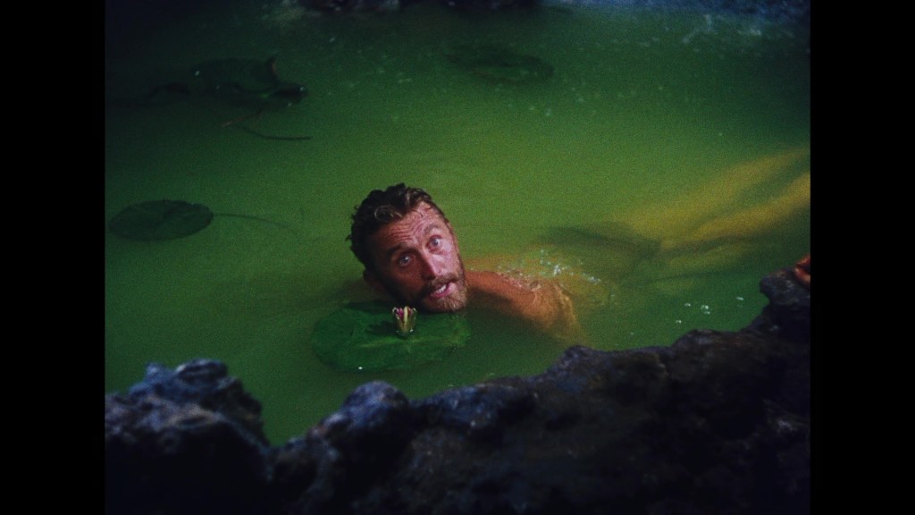 A man with a beard swimming in a greenish hot spring, surrounded by lily pads.