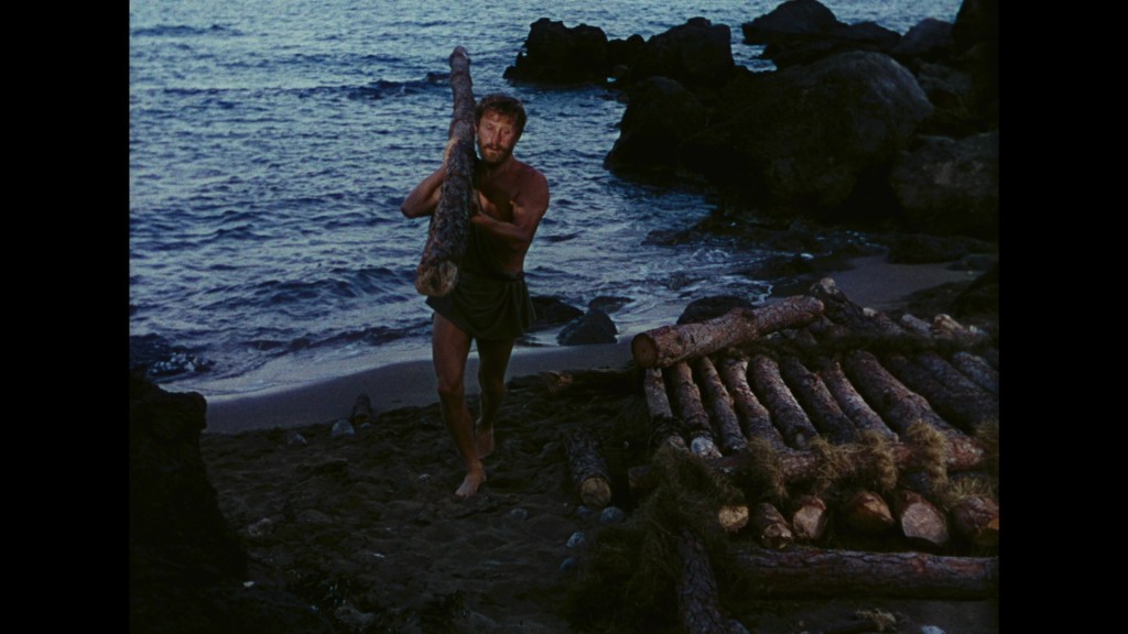 A man carrying a large log by the shore, with a pile of logs visible on the sandy beach and the ocean in the background.