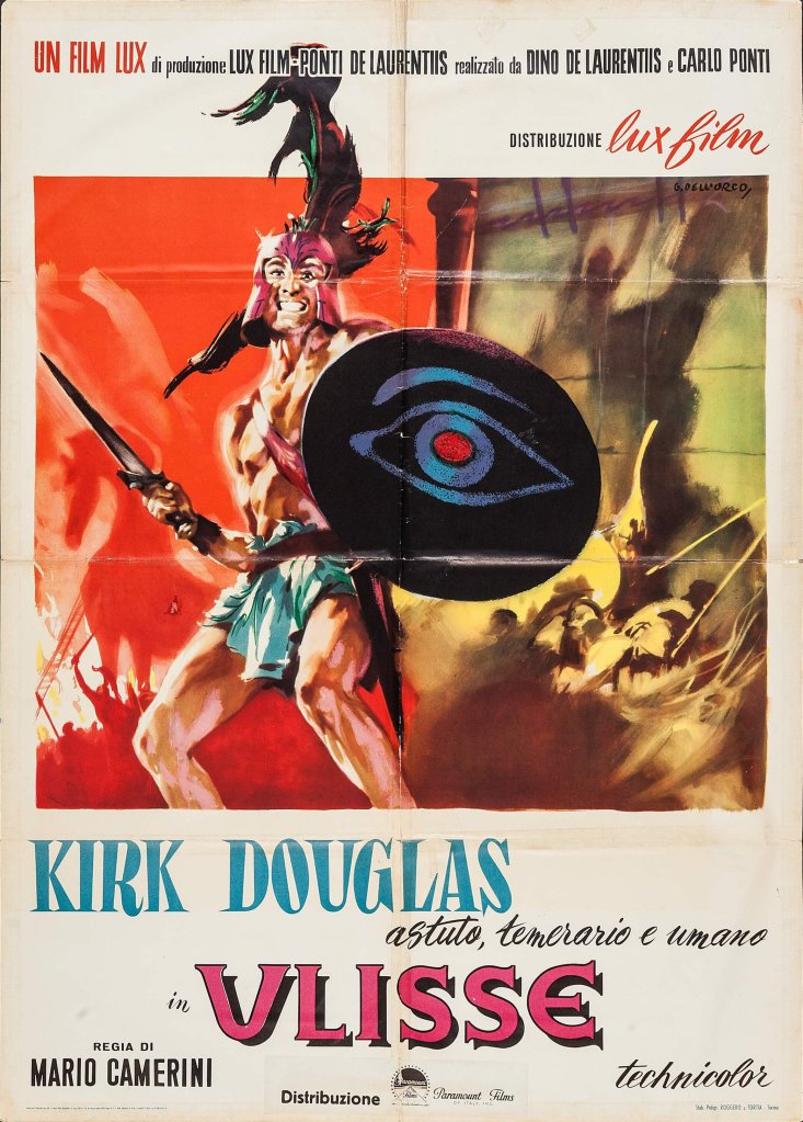 Vintage movie poster for 'Ulysses' featuring a muscular warrior wielding a sword and shield, with vibrant colors and dramatic artwork. The poster includes the names of actors and crew, prominently featuring Kirk Douglas.