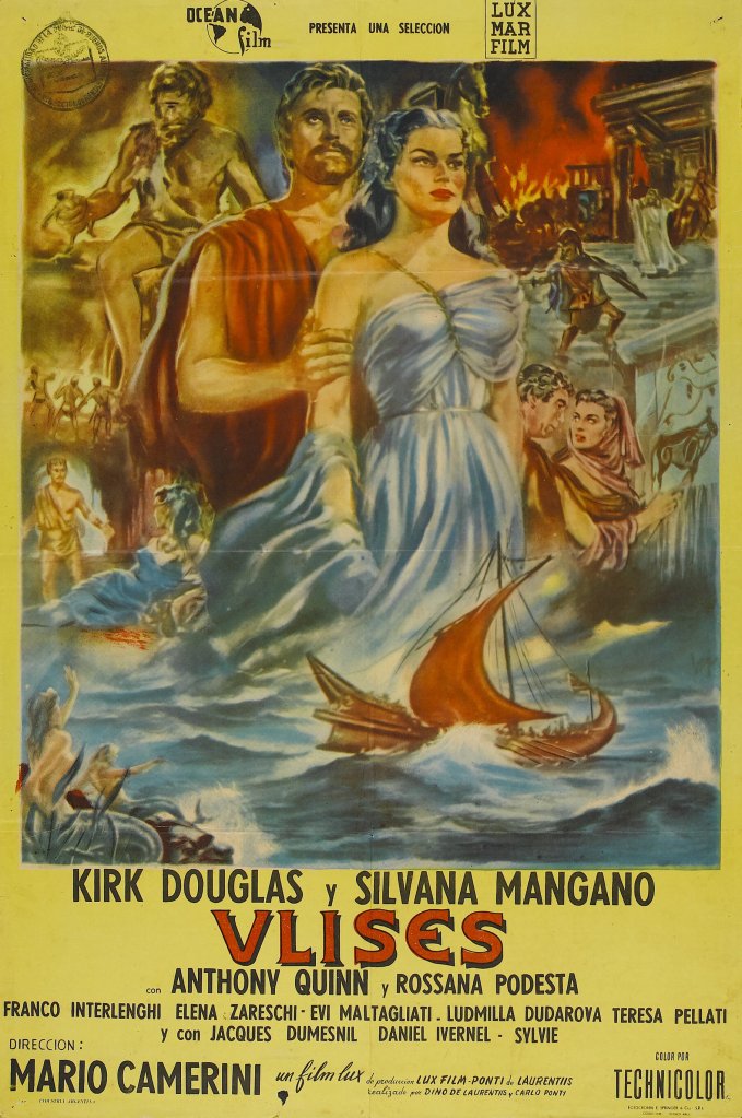 A vintage movie poster featuring Kirk Douglas and Silvana Mangano, with themes of adventure and mythology, depicting ships and dramatic scenes in vibrant colors.