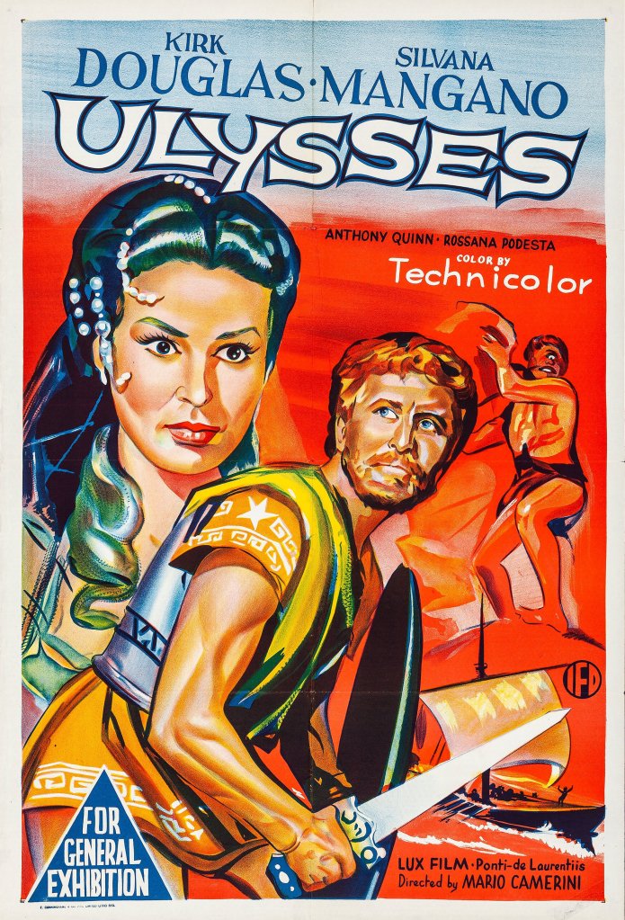 Vintage movie poster for 'Ulysses' featuring characters played by Kirk Douglas and Silvana Mangano, with bold colors and dramatic illustrations.