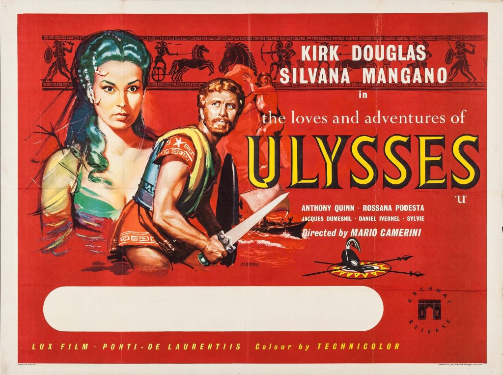 Vintage movie poster for 'The Loves and Adventures of Ulysses' featuring dramatic artwork of Kirk Douglas and Silvana Mangano, with vibrant colors and Greek-inspired elements.
