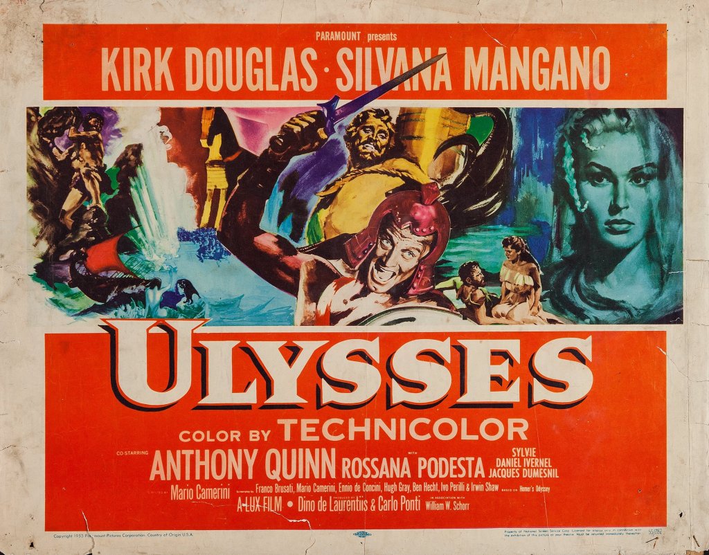 Vintage movie poster for 'Ulysses' featuring Kirk Douglas and Silvana Mangano, with colorful illustrations depicting scenes from the film.