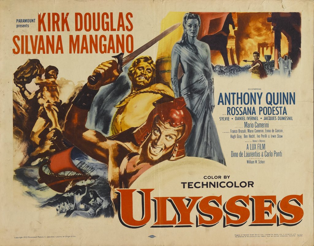 Vintage movie poster for 'Ulysses' featuring actors Kirk Douglas and Silvana Mangano, with additional credits for Anthony Quinn and Rossana Podestà. The design showcases a dramatic illustration of Ulysses and mythological elements.
