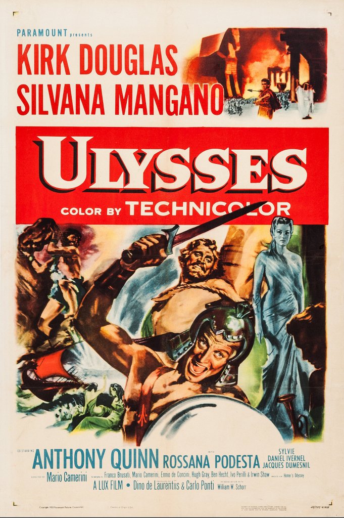A vintage movie poster for the film 'Ulysses' featuring Kirk Douglas and Silvana Mangano, with dramatic artwork depicting mythological scenes, including a warrior with a sword and a shield.