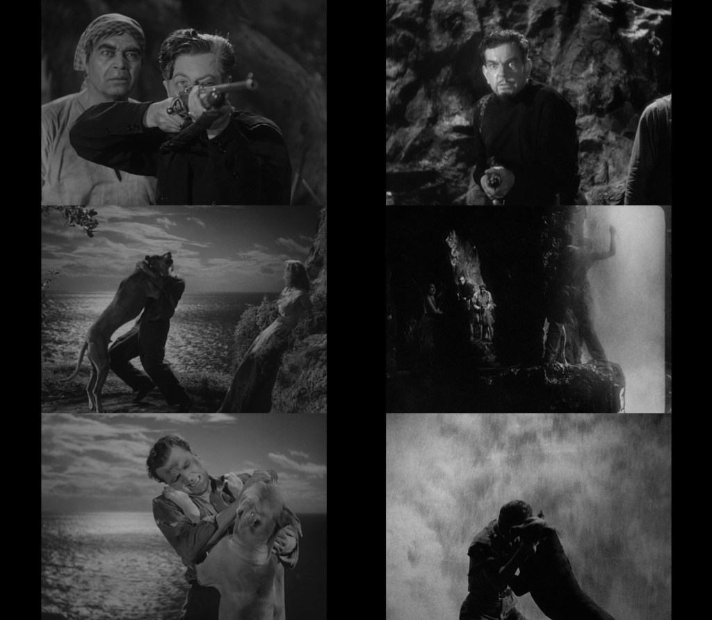 A collage of black-and-white film stills featuring intense scenes with characters wielding weapons, a lion, and dramatic ocean backgrounds.