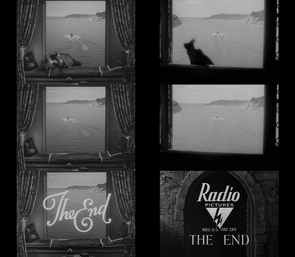 A split image featuring four sections showcasing a window view of a boat on the water, with curtains on the sides, and the text 'The End' prominently displayed in cursive.