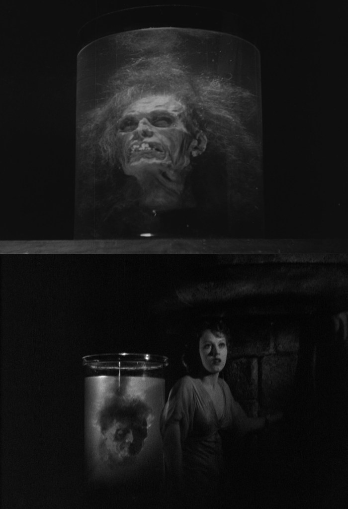 A glass container holding a grotesque severed head with wild hair, surrounded by a dark, atmospheric setting. In the foreground, a woman with a fearful expression stands beside another glass container featuring a similar head, creating a suspenseful and eerie mood.