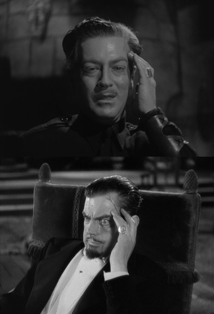 A split image showing two black and white scenes. The top features a man in a military uniform with a distressed expression, touching his forehead. The bottom shows another man in a tuxedo, also looking troubled and touching his forehead, seated in a chair.