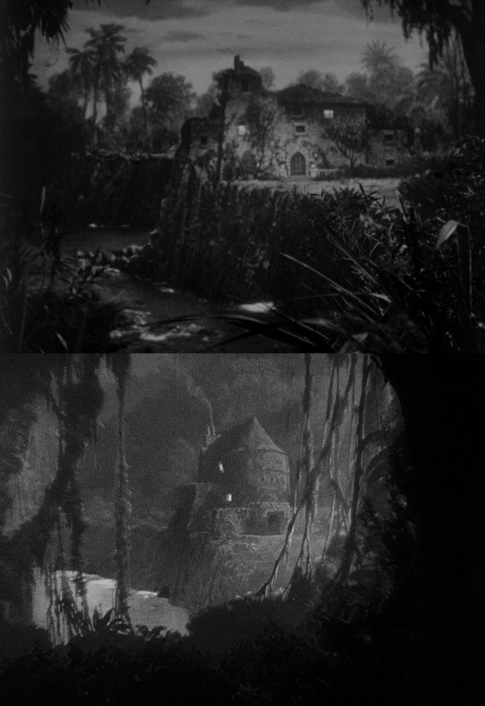 A black and white image featuring two separate views of a stone building partially obscured by foliage and surrounded by water, creating a mysterious atmosphere.