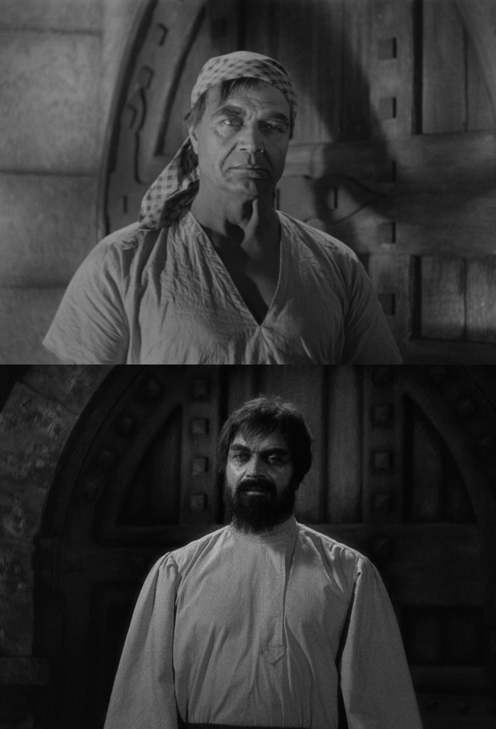A split image featuring two characters in historical outfits standing in front of a stone door, with the top character having a bandana and the bottom character sporting a beard.