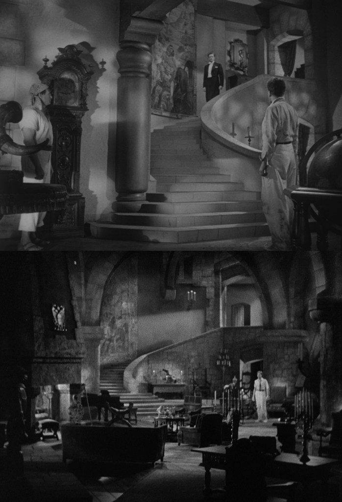 A black and white scene depicting a dramatic interior with a grand staircase. The upper section features a well-dressed man standing at the top of the stairs, while two other characters, one in a robe and another in casual attire, are positioned below. The lower section shows a spacious, cobblestone room filled with antique furniture, dim lighting, and prominent architectural details.
