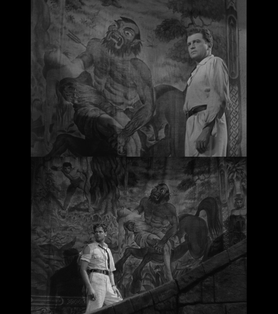A black and white image featuring two scenes. The upper half shows a man standing in front of a large mural depicting a beastly figure holding a person. The lower half features another man also standing in front of a similar mural, where the beast is riding a horse. Both men appear contemplative, with dramatic shadowing on the walls.