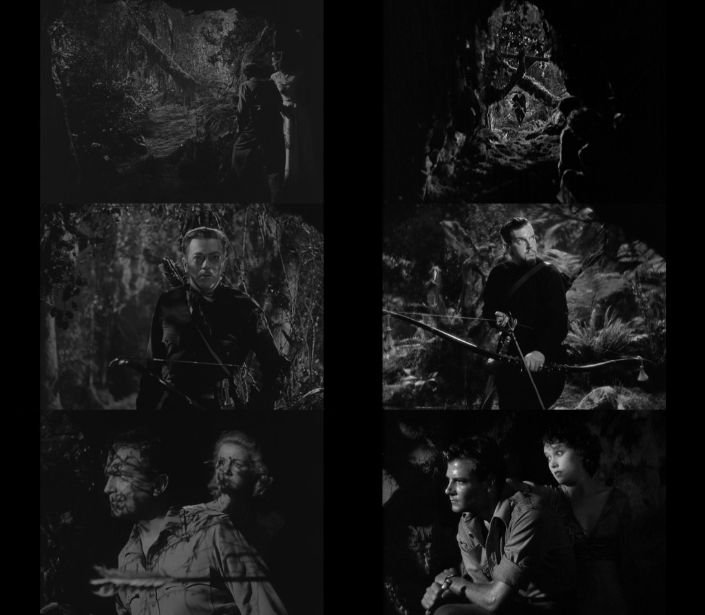 A dimly lit jungle scene featuring a figure in a dark outfit with a bow, looking alert.