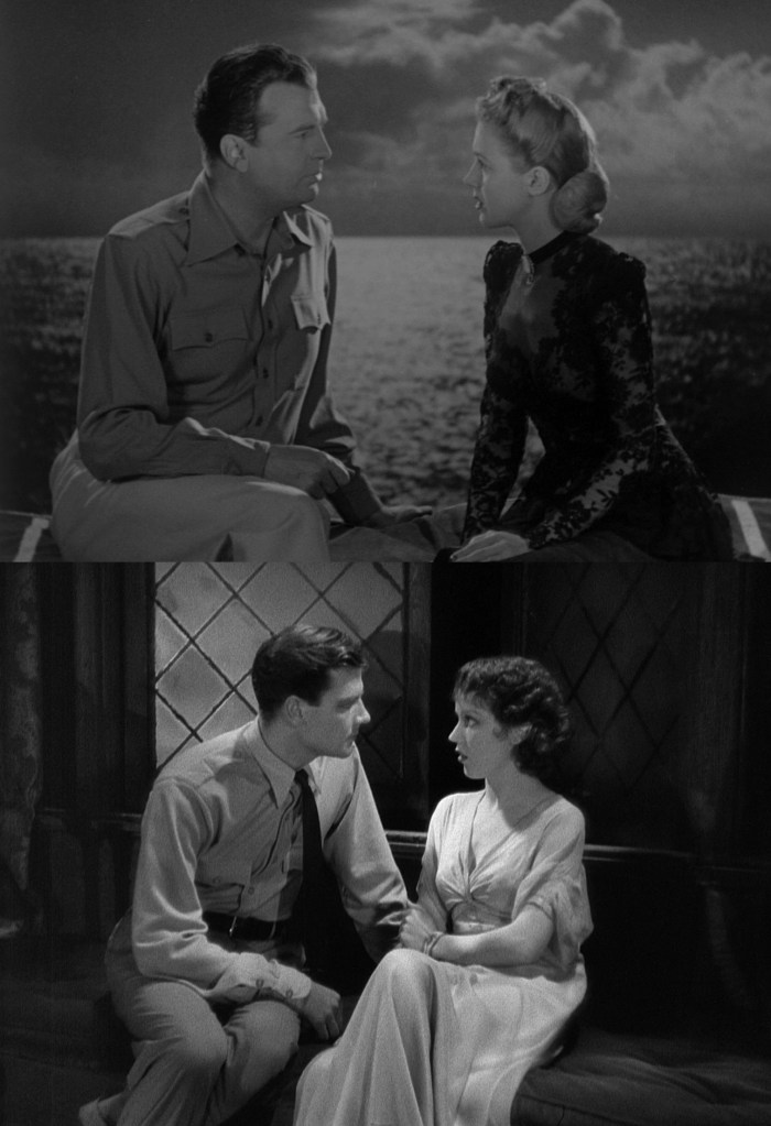 A split image showing two scenes from classic films featuring couples in intimate conversations. The top scene depicts a man in a military uniform talking to a woman in a black lace dress against a serene ocean backdrop. The bottom scene features a man dressed in a shirt and tie sitting with a woman in a light gown in a cozy interior setting.