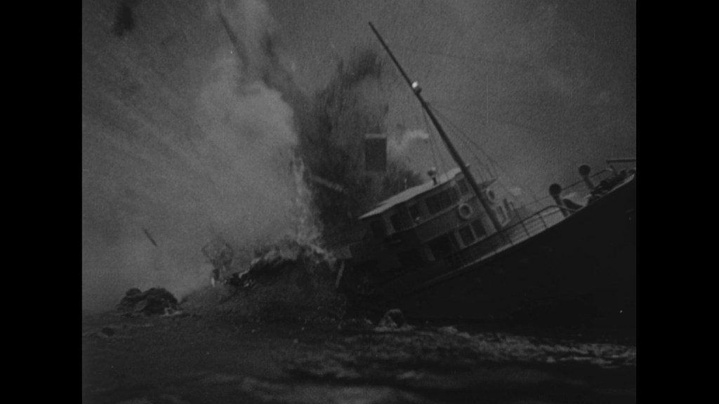 A distressing scene of a ship caught in an explosion, with debris flying and smoke billowing into the air.