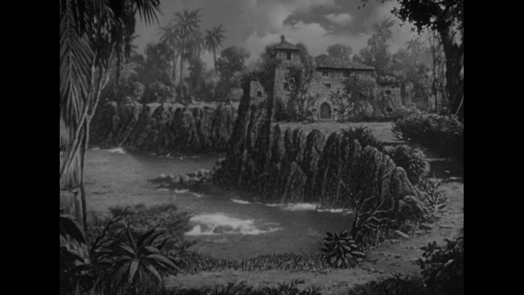 A black and white landscape featuring a rocky shoreline, a tranquil body of water, and a stone building surrounded by lush greenery and palm trees.