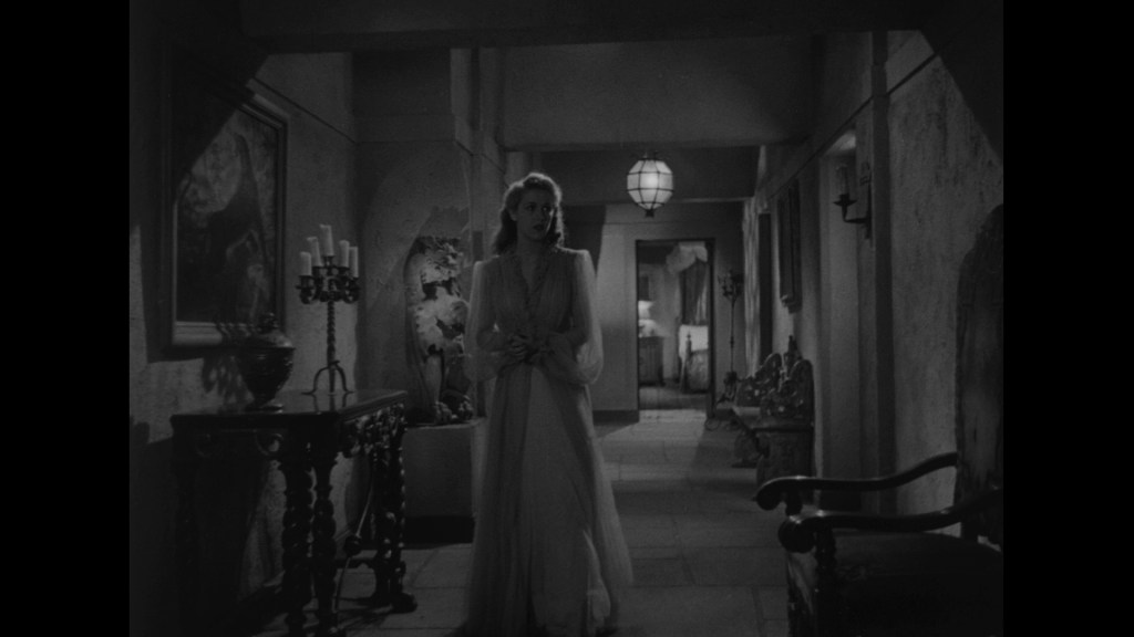 A dimly lit corridor with a woman in a flowing gown standing near ornate furniture and candle holders, evoking a mysterious atmosphere.
