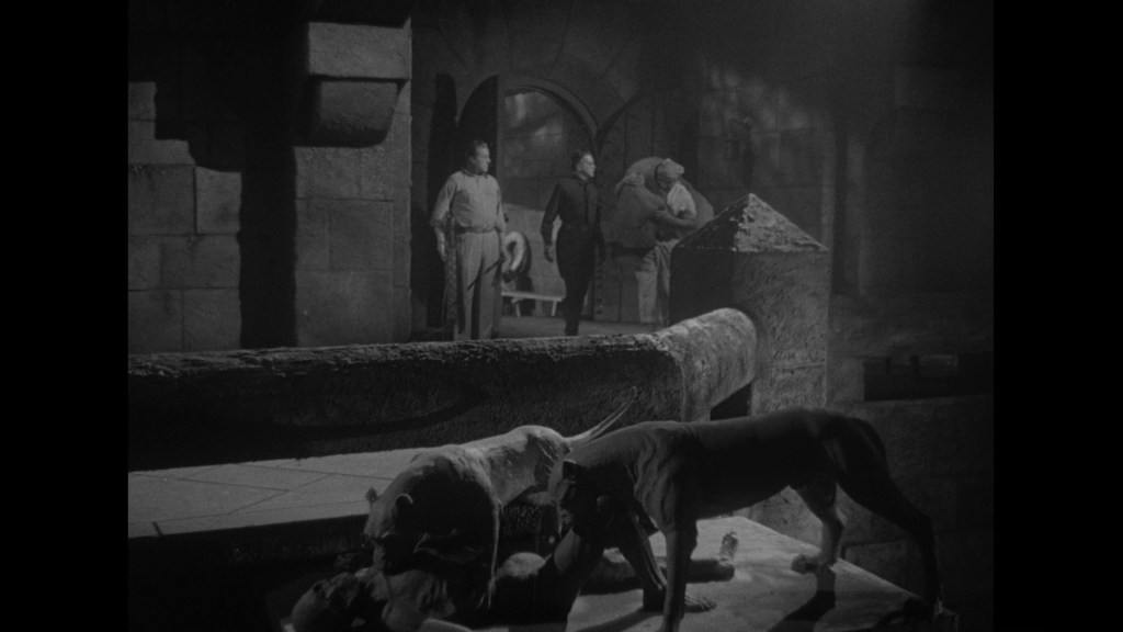 A dark, moody scene featuring several men standing in a stone corridor, with a large dog in the foreground.