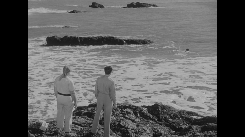Two people standing on rocky shore watching a swimmer in the ocean with rocks visible in the background.