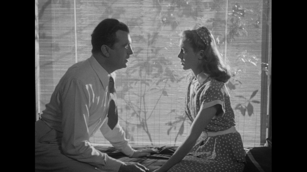 A black-and-white image of a man and a woman sitting closely facing each other, with soft lighting coming from behind them. The man is wearing a suit and tie, and the woman is in a polka dot dress. There are shadows from plants visible in the background.