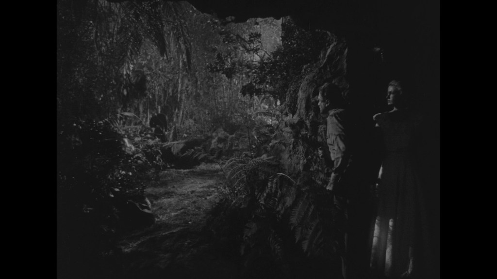 A man and woman stand in a cave, looking out into a dark, dense jungle filled with ferns and foliage.