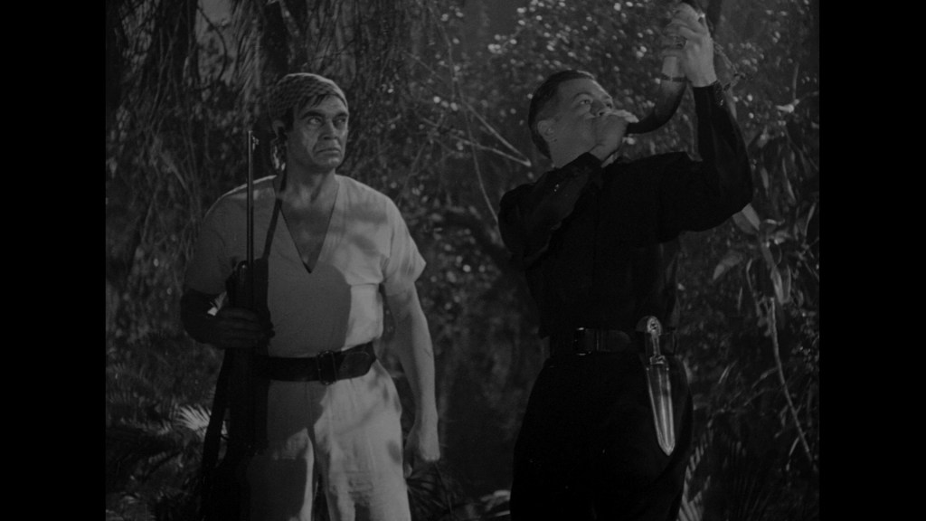 Two men in a dark forest: one in a white outfit holding a spear looks concerned, while the other in a black outfit plays a musical instrument.