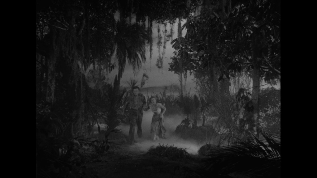 A black and white scene depicting two characters walking through a dense, misty jungle filled with tropical plants and trees.