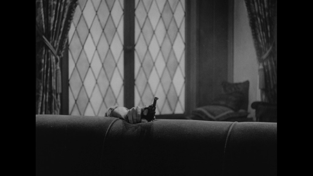 A close-up of a handgun resting on the back of a sofa, with an elegant room and window visible in the background.
