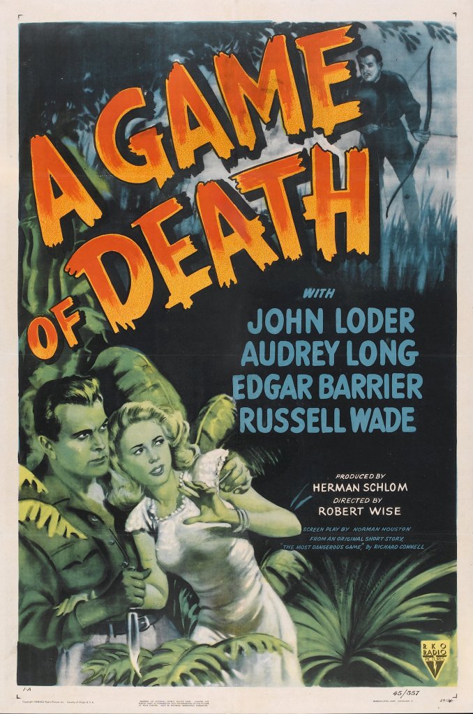 Vintage movie poster for 'A Game of Death' featuring dramatic lettering, jungle scenery, and characters portrayed by John Loder and Audrey Long.