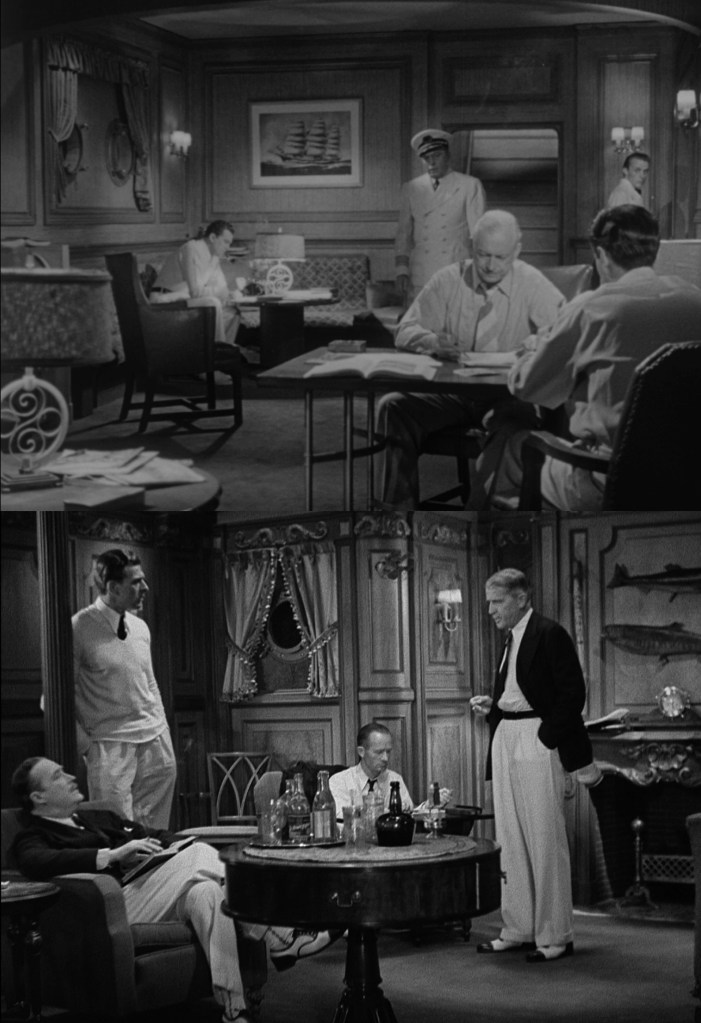 A black-and-white scene depicting two settings: the upper part shows men at a table in a ship's lounge working with papers, and the lower part features men conversing in a dimly lit room with bottles on a table, highlighting an intense interaction.